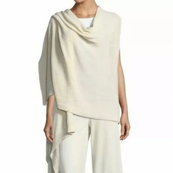 Eileen Fisher Sweater Womens L/XL Ivory Knit Open Front Drape Wrap Poncho Vest - Picture 2 of 7